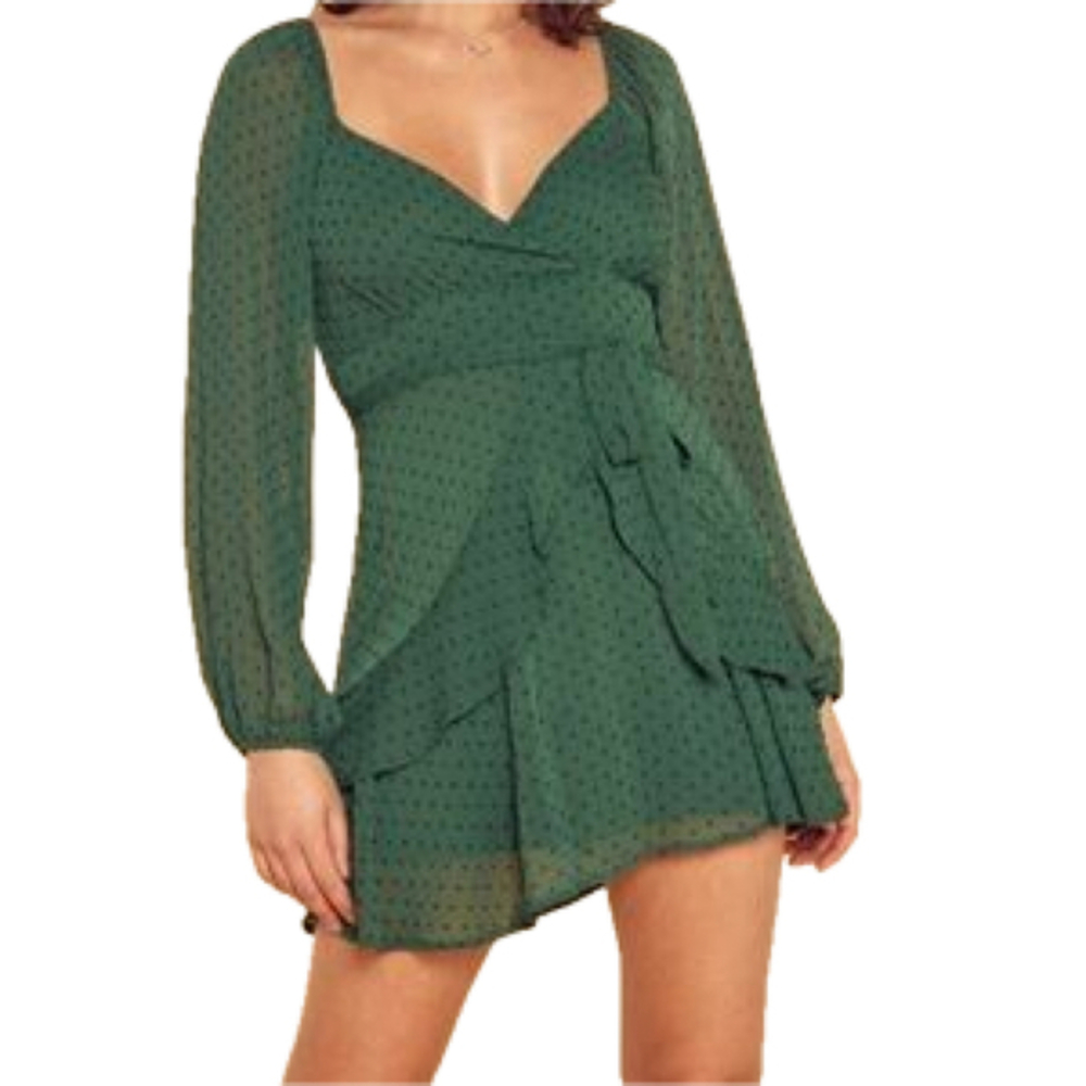 TRIXXI Womens Green Belted Dress Long Sleeve Ruffled Skirt Juniors Size 9